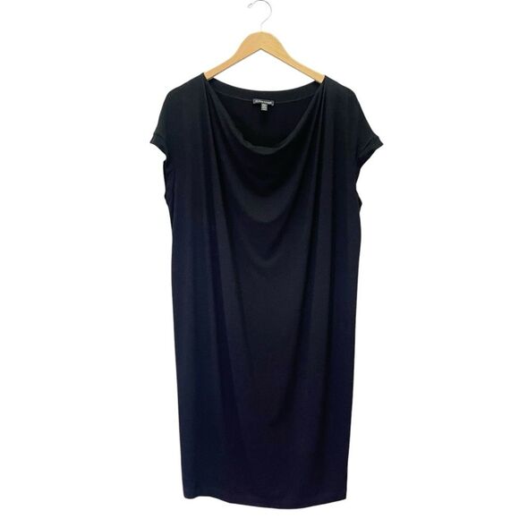 Eileen Fisher Drape Front Dress Black Short Sleeve Shift Size Medium Made in USA - Picture 5 of 11